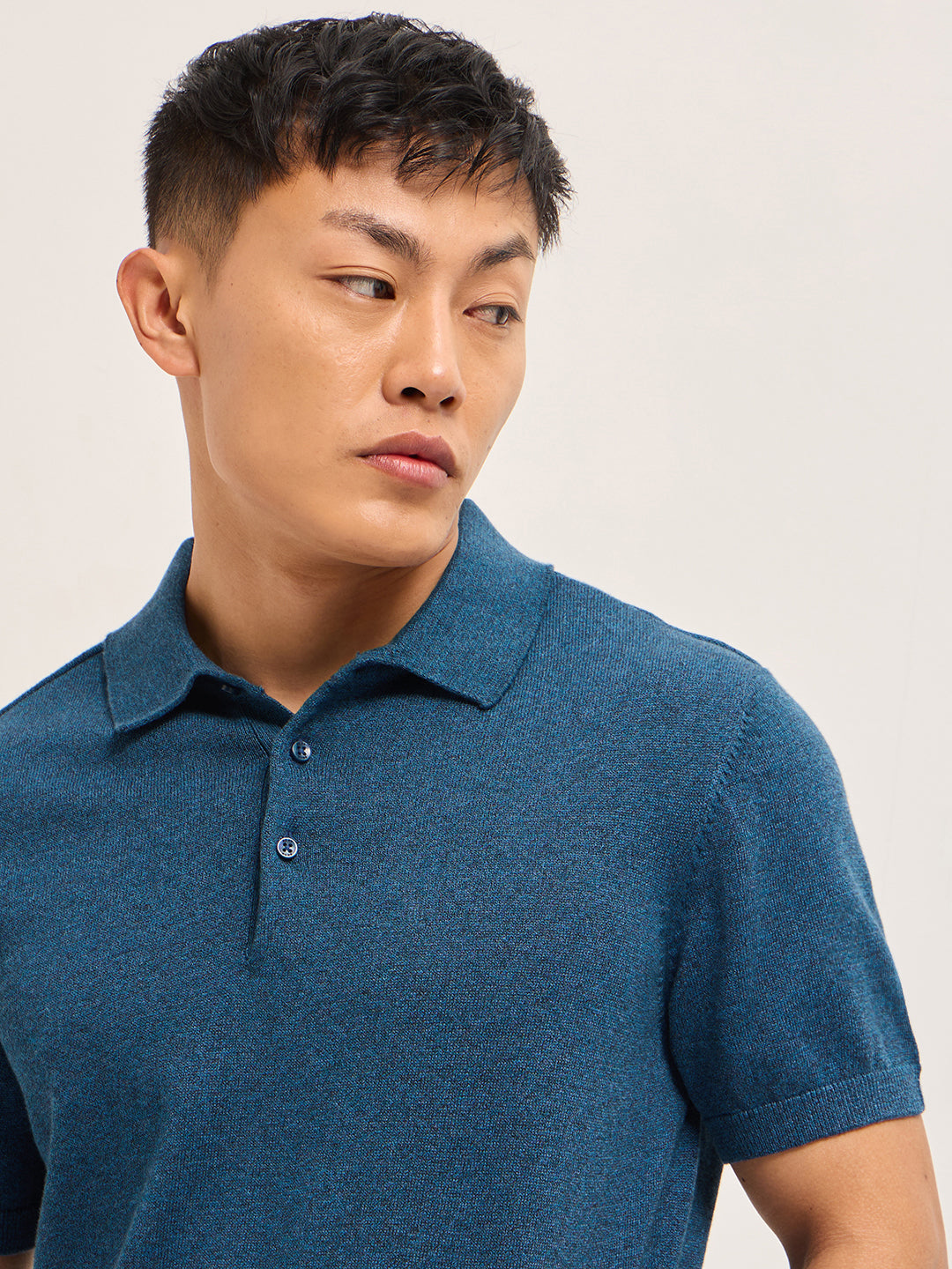 Men Teal Blue Textured Knit Solid Regular Fit Polo