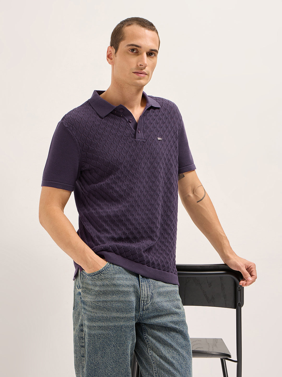 Men Purple Diamond Textured Flat Knit Slim Fit Polo
