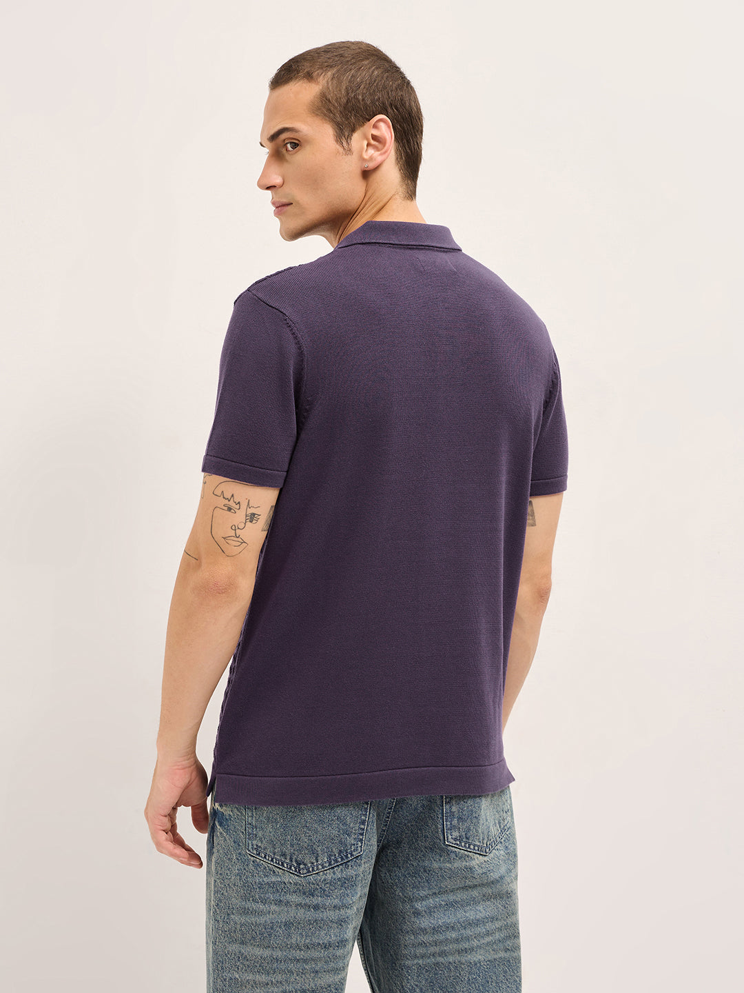 Men Purple Diamond Textured Flat Knit Slim Fit Polo