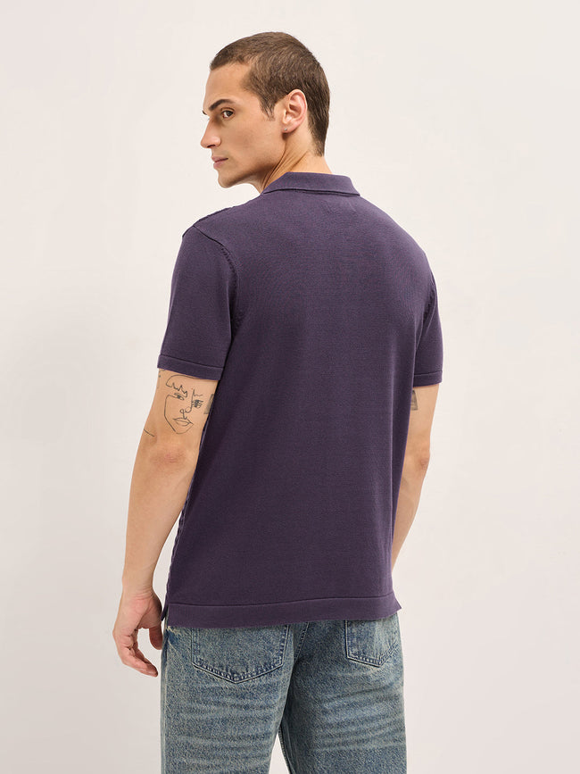 Men Purple Diamond Textured Flat Knit Slim Fit Polo