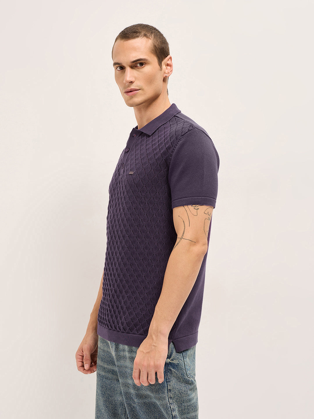 Men Purple Diamond Textured Flat Knit Slim Fit Polo
