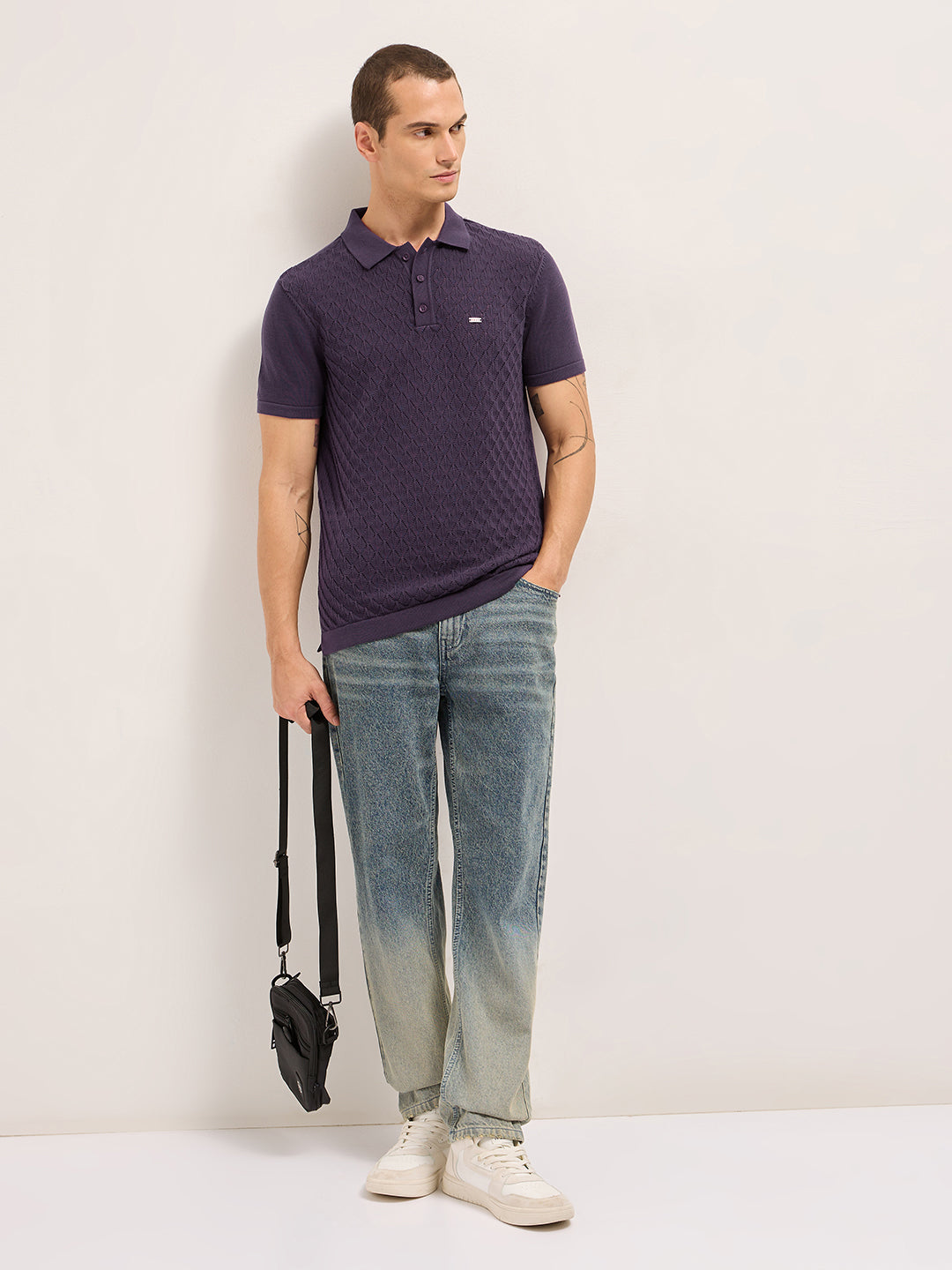 Men Purple Diamond Textured Flat Knit Slim Fit Polo