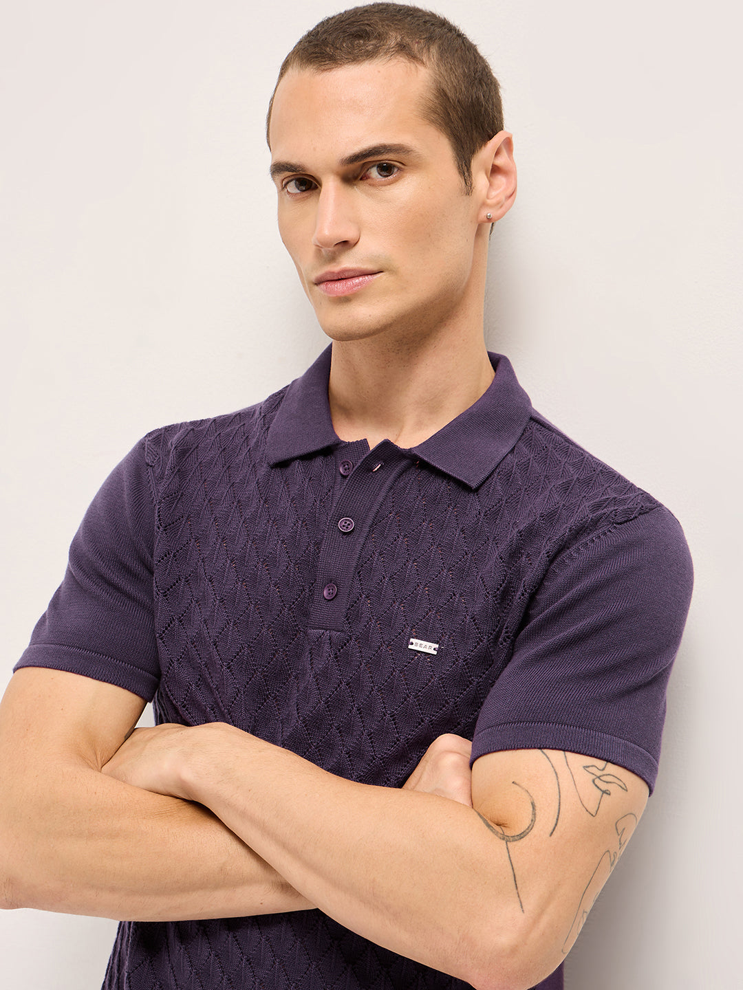 Men Purple Diamond Textured Flat Knit Slim Fit Polo