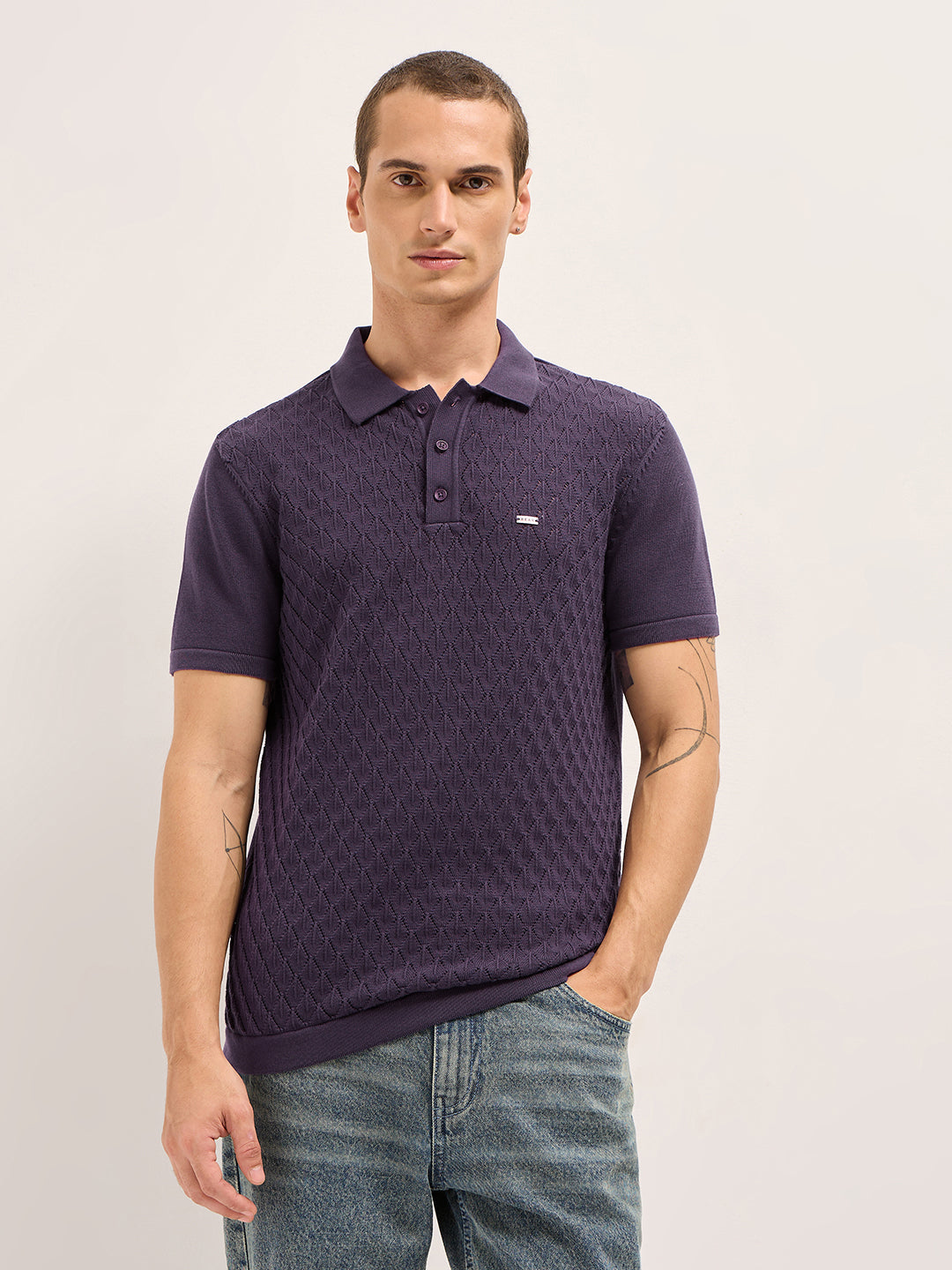 Men Purple Diamond Textured Flat Knit Slim Fit Polo