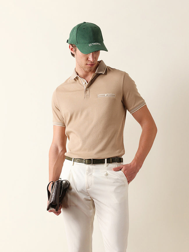 Men Beige Solid Cotton T-Shirt