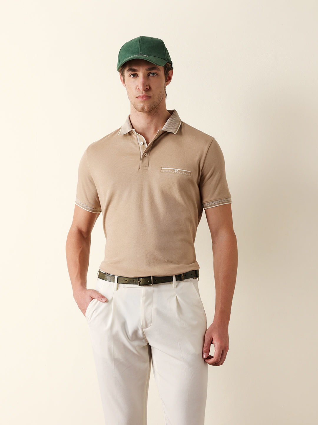 Men Beige Solid Cotton T-Shirt