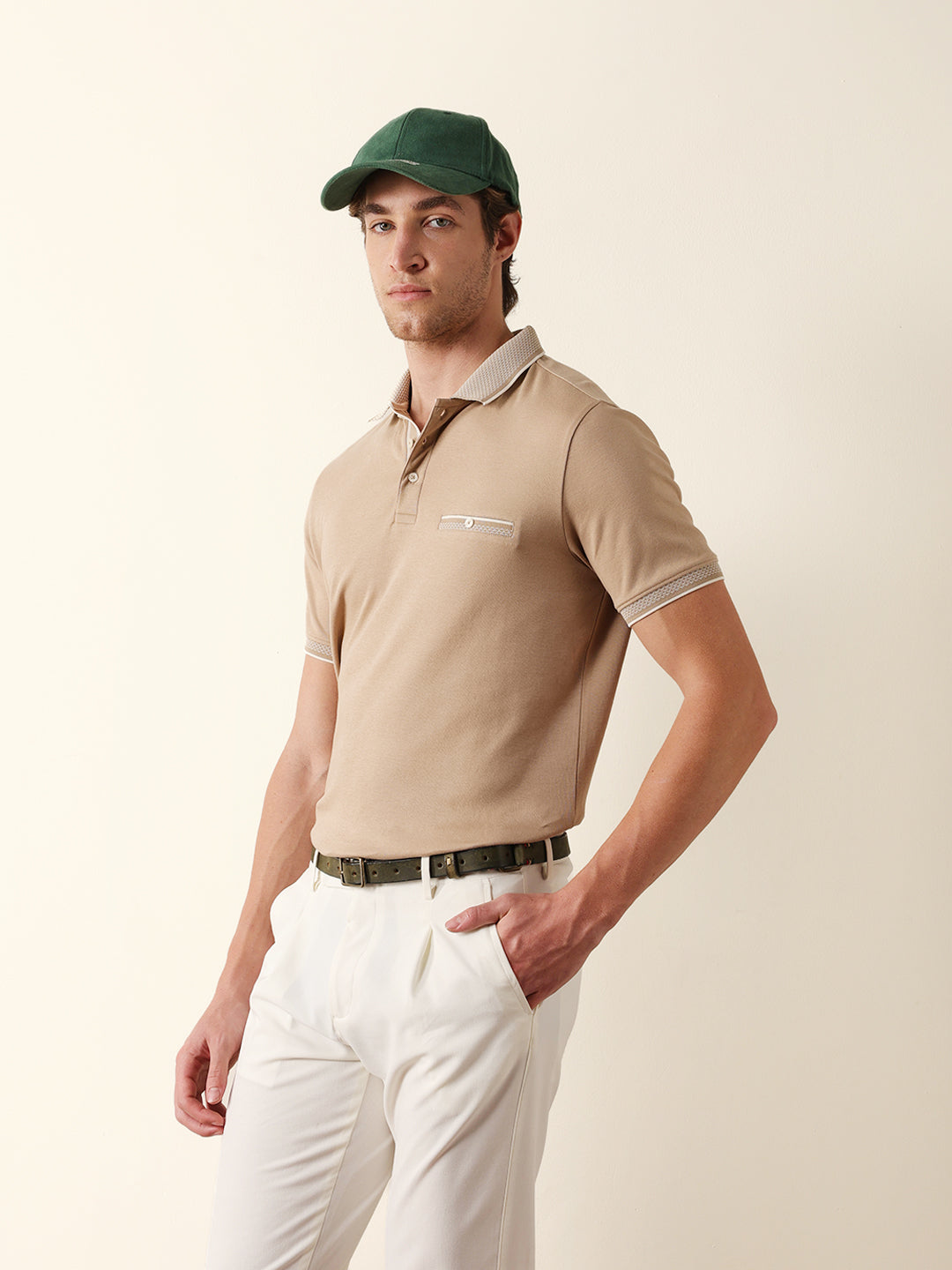 Men Beige Solid Cotton T-Shirt