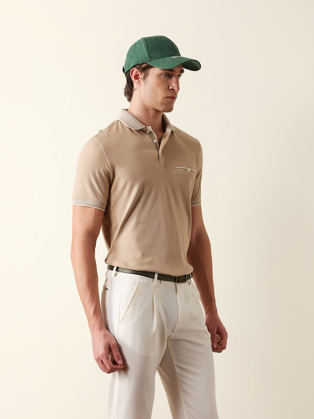 Men Beige Solid Cotton T-Shirt