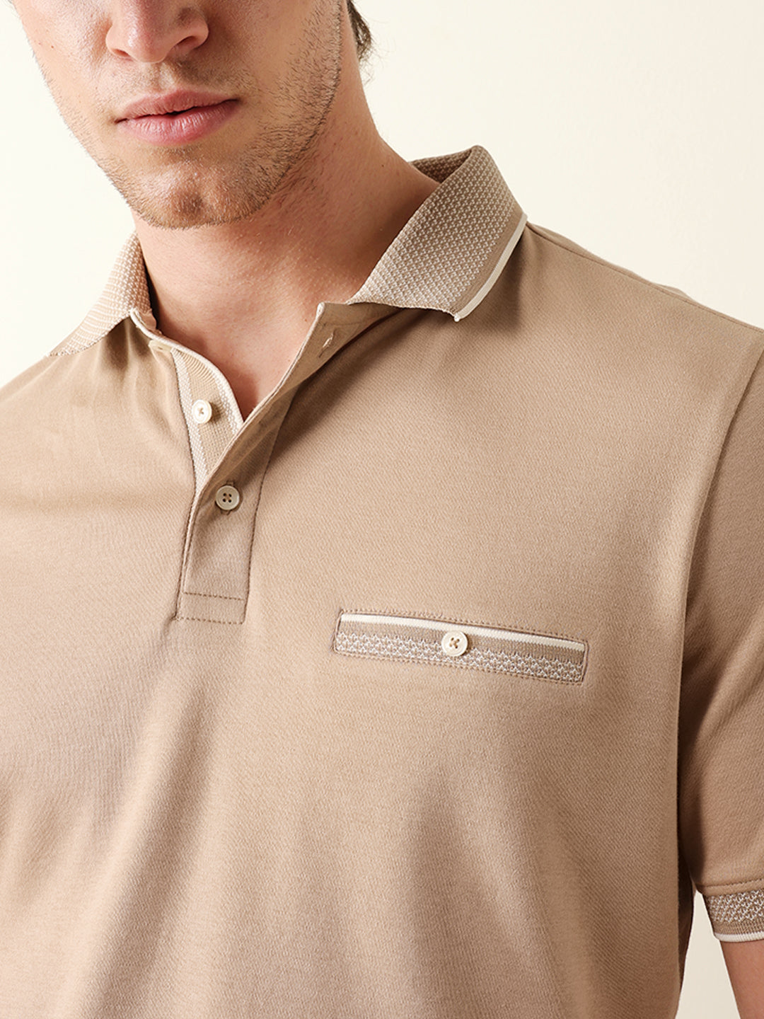 Men Beige Solid Cotton T-Shirt