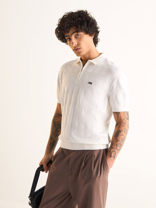 Men White Textured Knit Design Regular Fit Polo