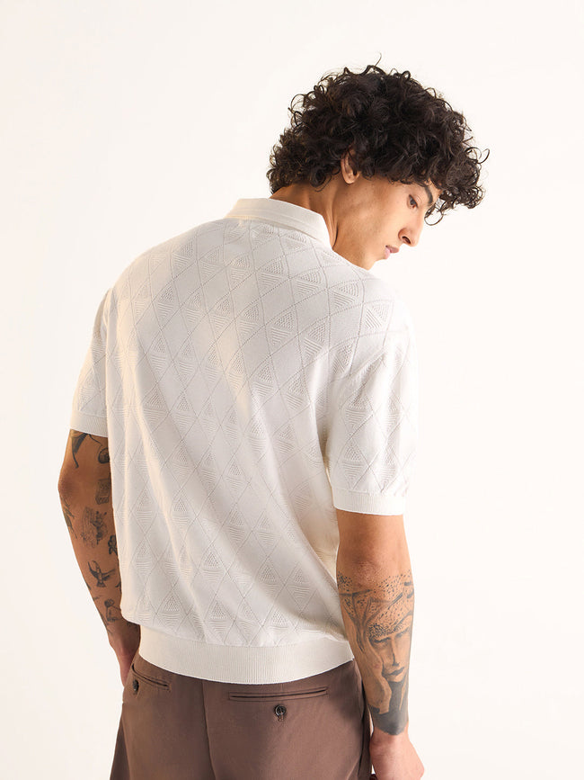 Men White Textured Knit Design Regular Fit Polo