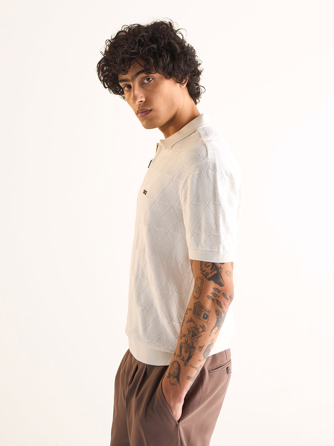 Men White Textured Knit Design Regular Fit Polo