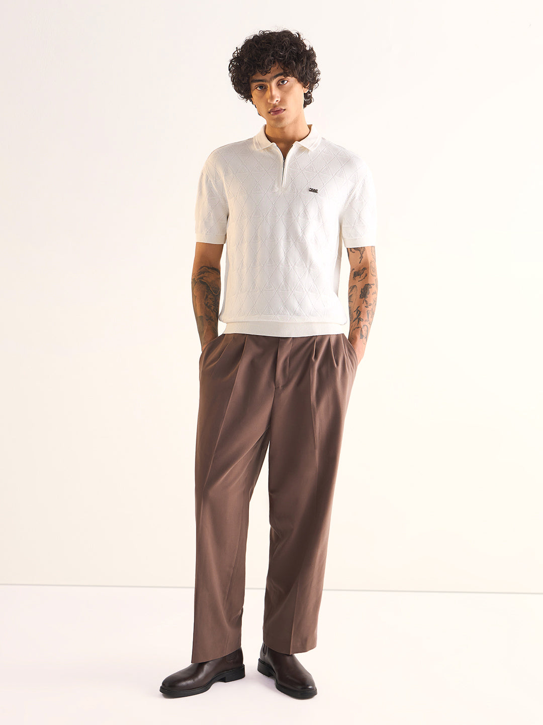 Men White Textured Knit Design Regular Fit Polo