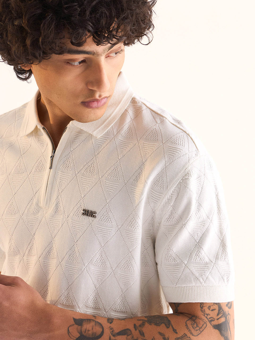 Men White Textured Knit Design Regular Fit Polo
