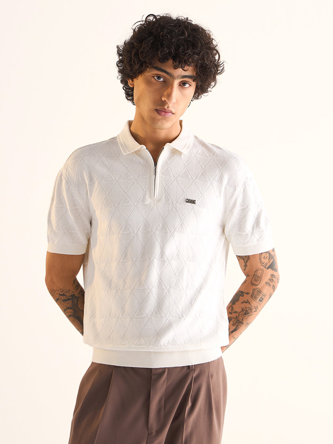 Men White Textured Knit Design Regular Fit Polo