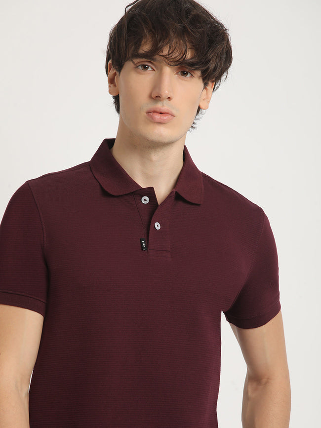 Men Maroon Self Design Regular Fit Polo Collar Tshirt