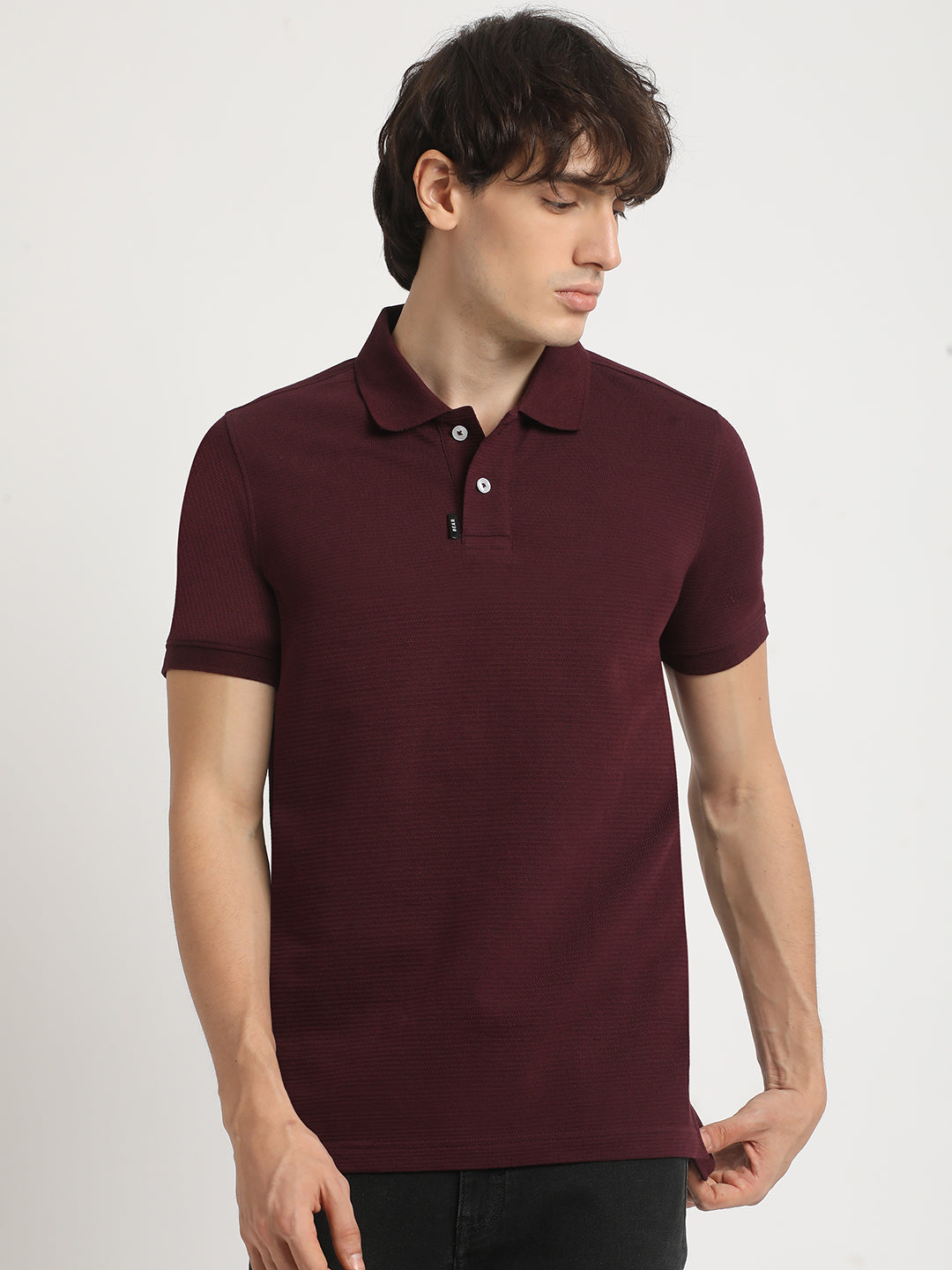 Men Maroon Self Design Regular Fit Polo Collar Tshirt