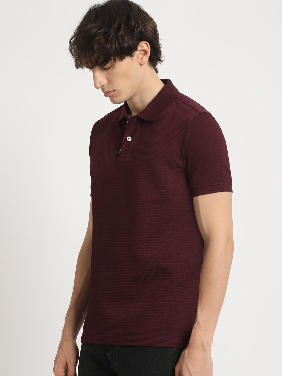 Men Maroon Self Design Regular Fit Polo Collar Tshirt