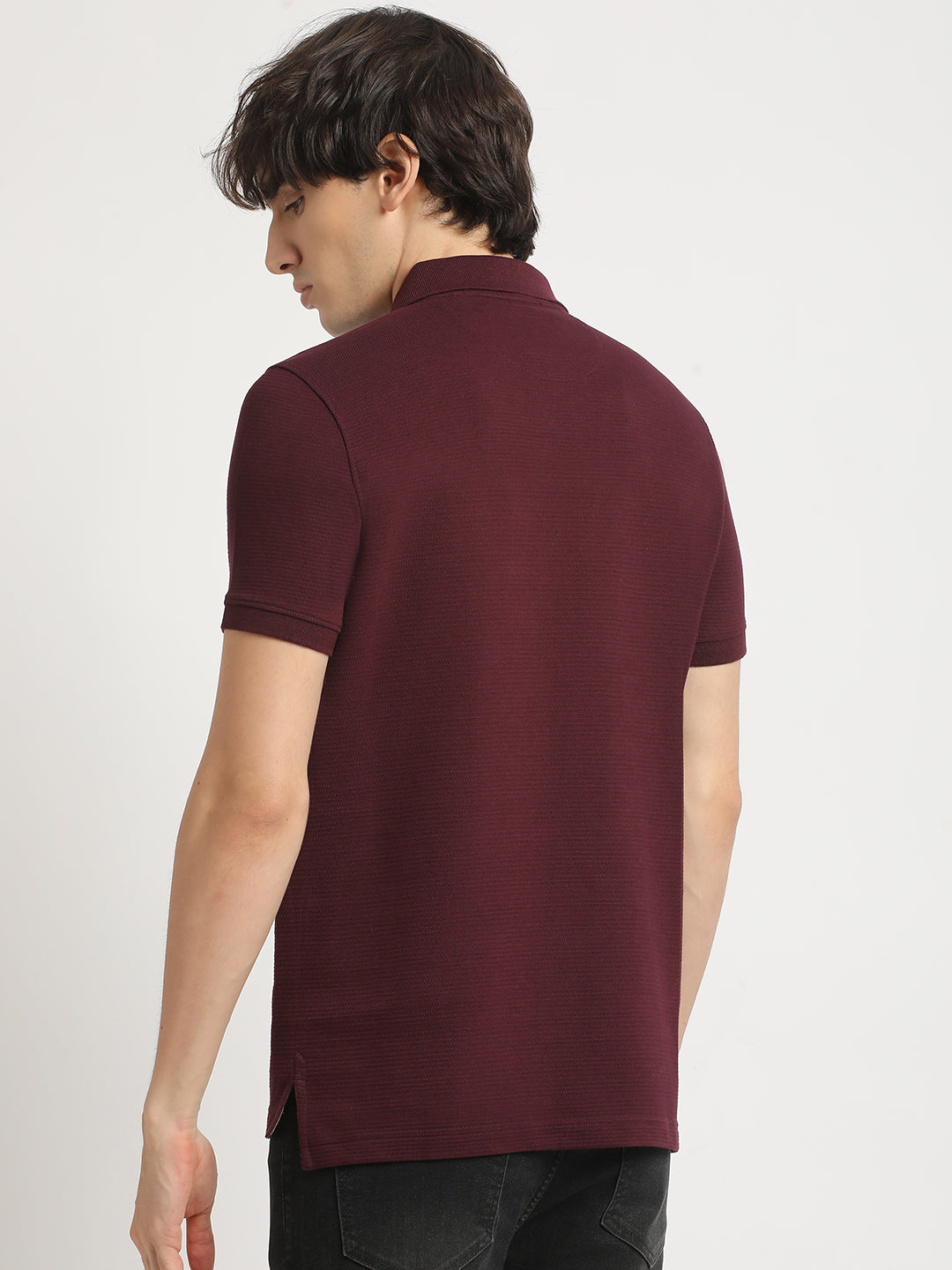 Men Maroon Self Design Regular Fit Polo Collar Tshirt