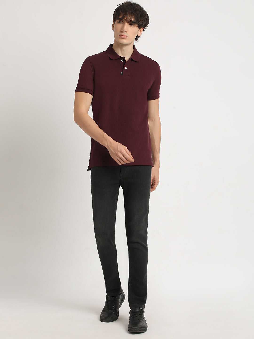 Men Maroon Self Design Regular Fit Polo Collar Tshirt