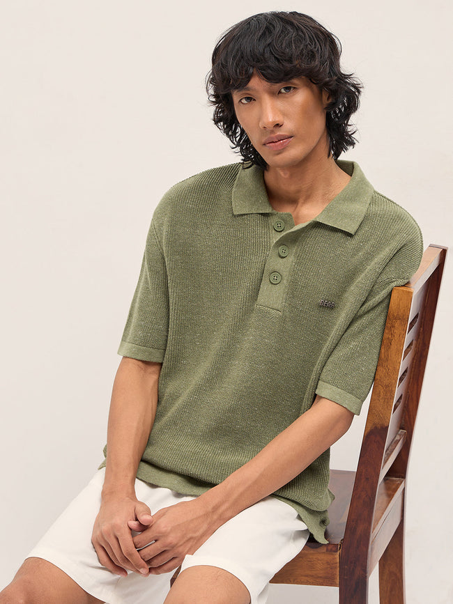 Men Green Textured Knit Relaxed Fit Polo