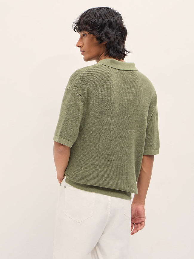 Men Green Textured Knit Relaxed Fit Polo