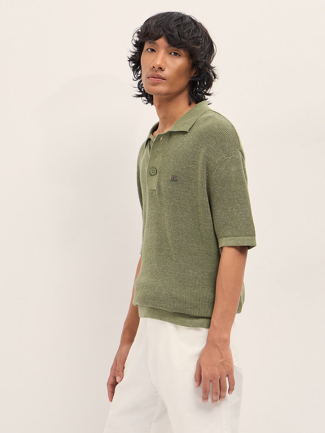 Men Green Textured Knit Relaxed Fit Polo