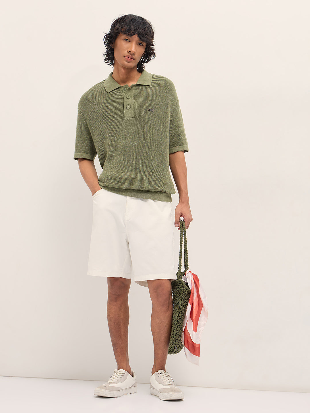 Men Green Textured Knit Relaxed Fit Polo