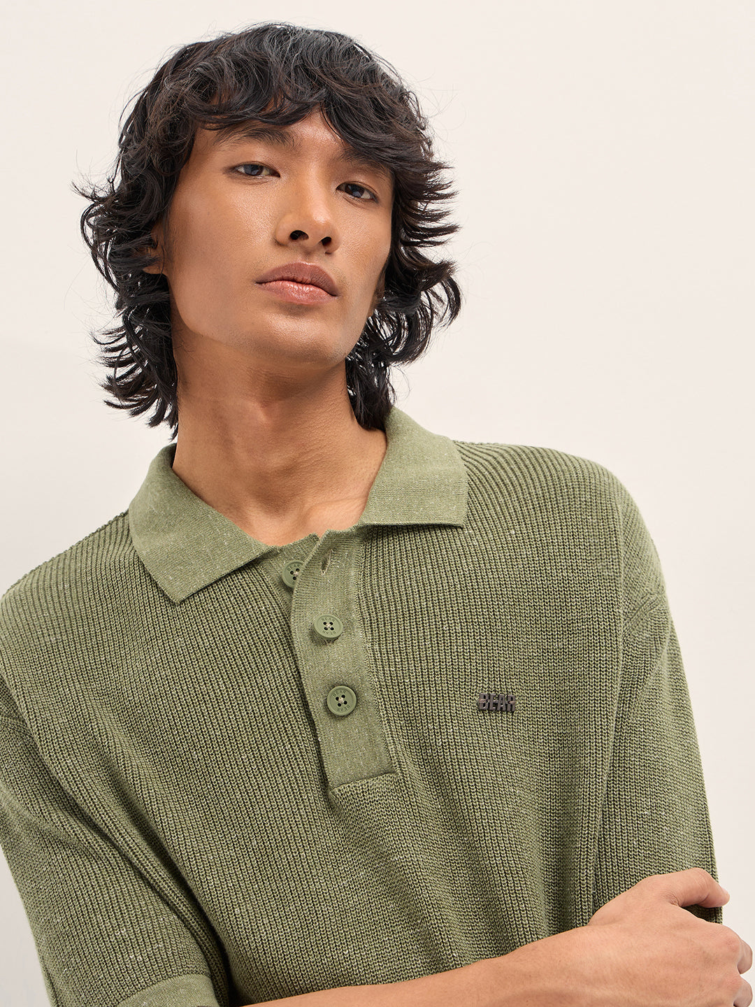 Men Green Textured Knit Relaxed Fit Polo