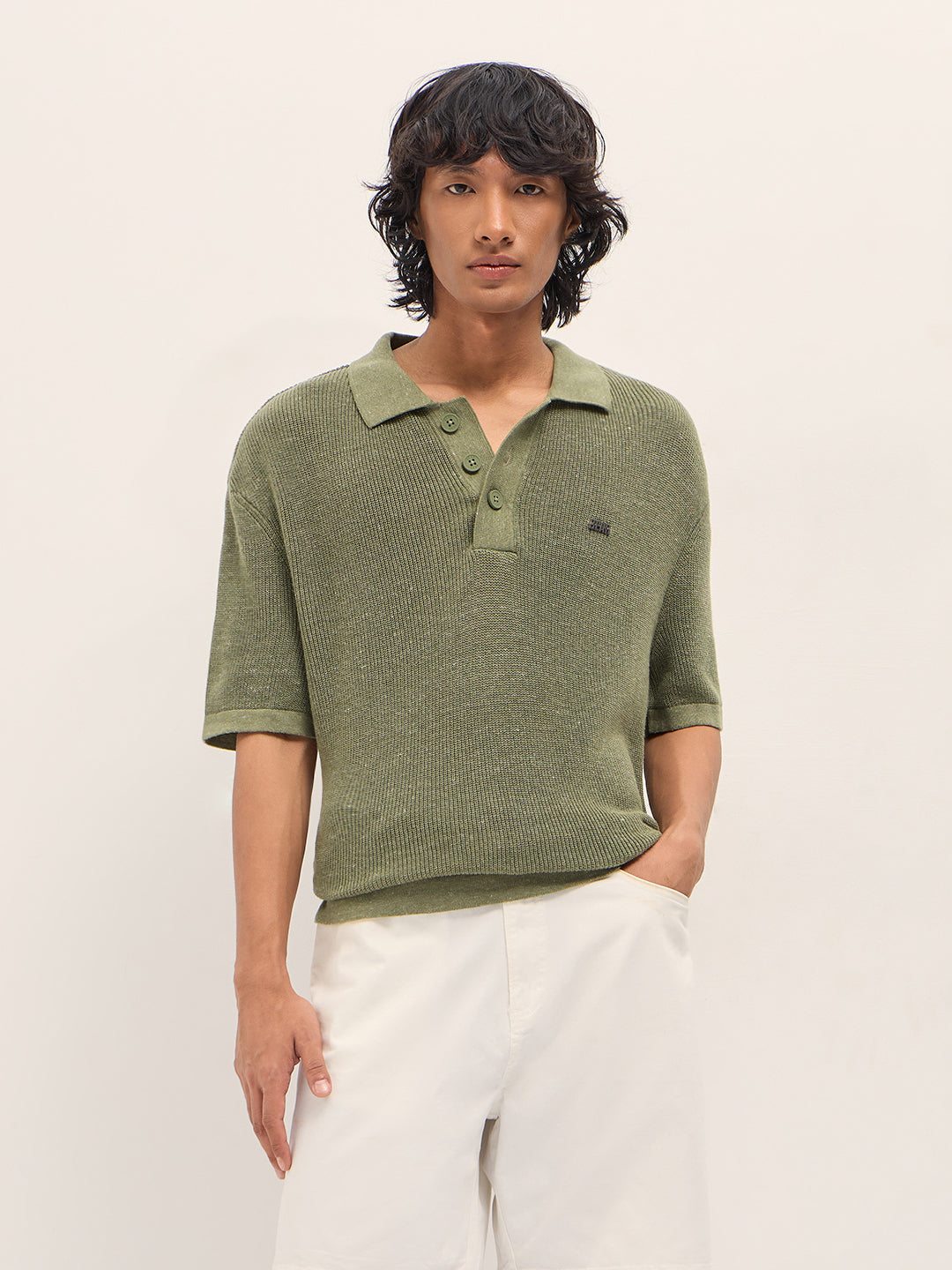 Men Green Textured Knit Relaxed Fit Polo