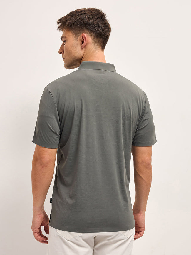 Men Grey Texture Slim Fit Polo T-shirt