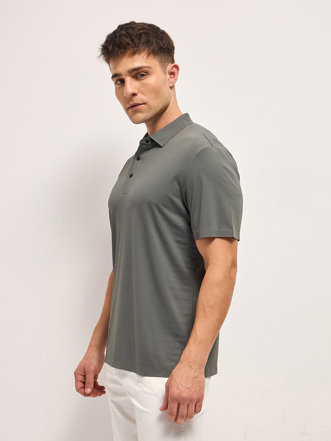 Men Grey Texture Slim Fit Polo T-shirt