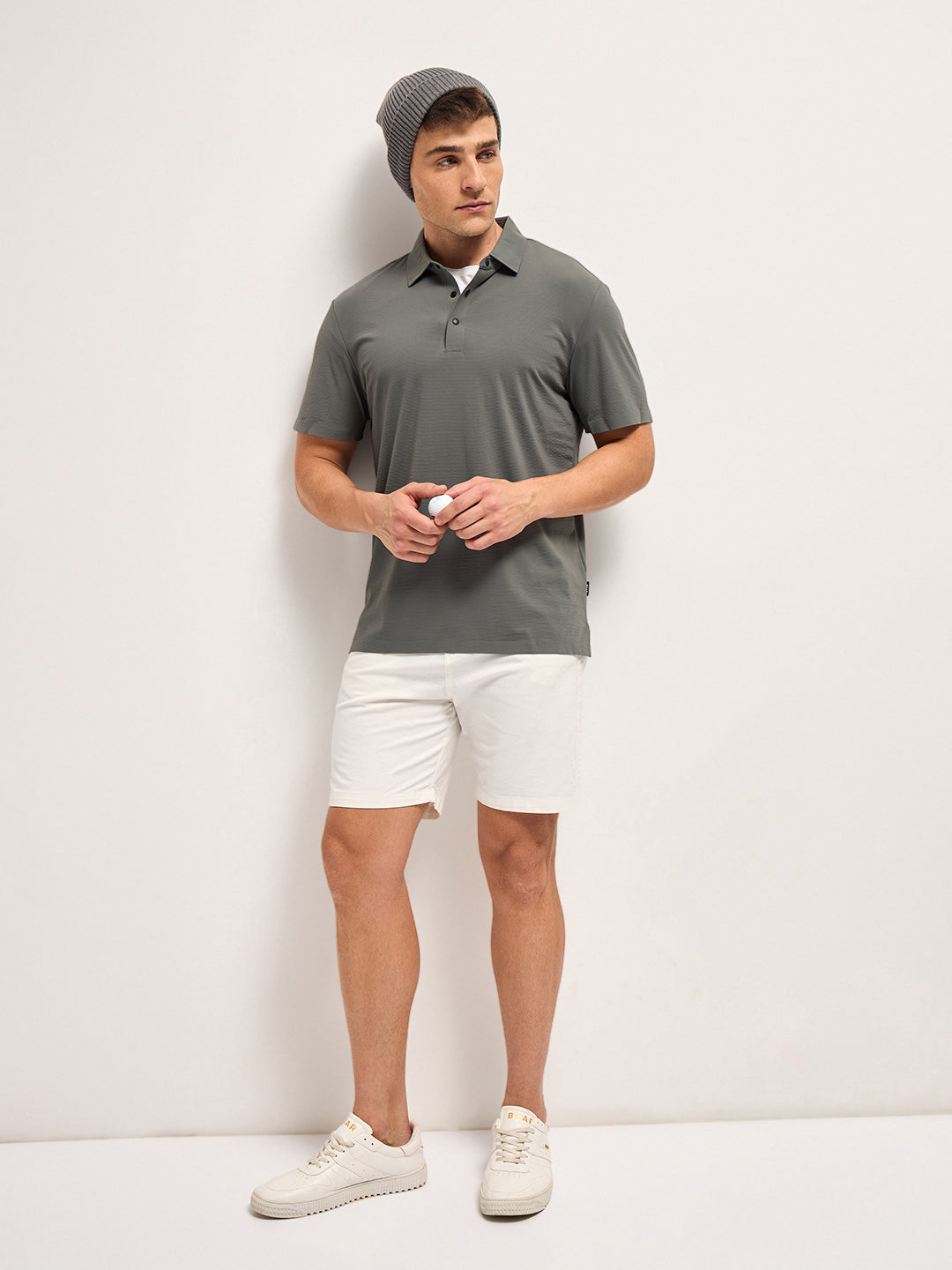 Men Grey Texture Slim Fit Polo T-shirt