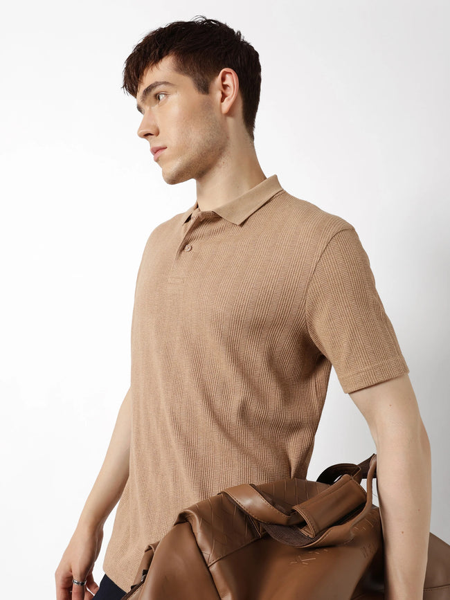 Men Beige Vertical Rib Polo