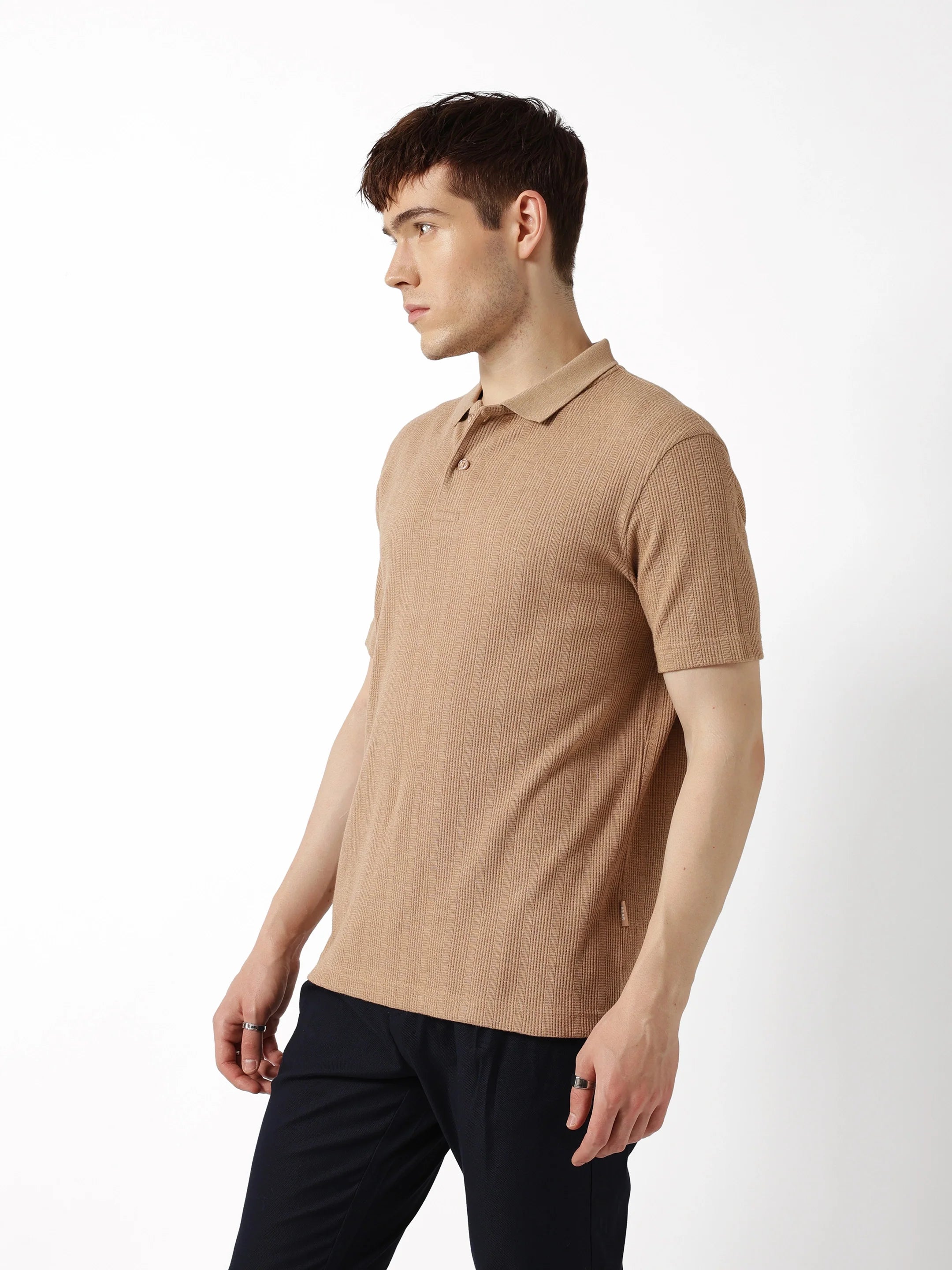 Men Beige Vertical Rib Polo