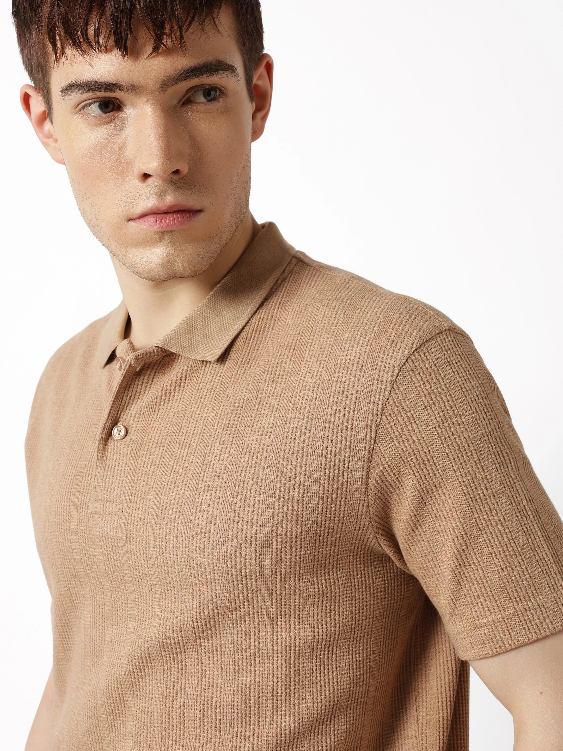 Men Beige Vertical Rib Polo