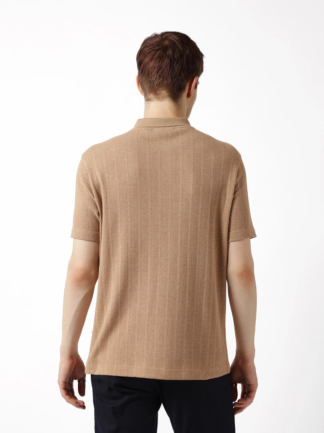 Men Beige Vertical Rib Polo