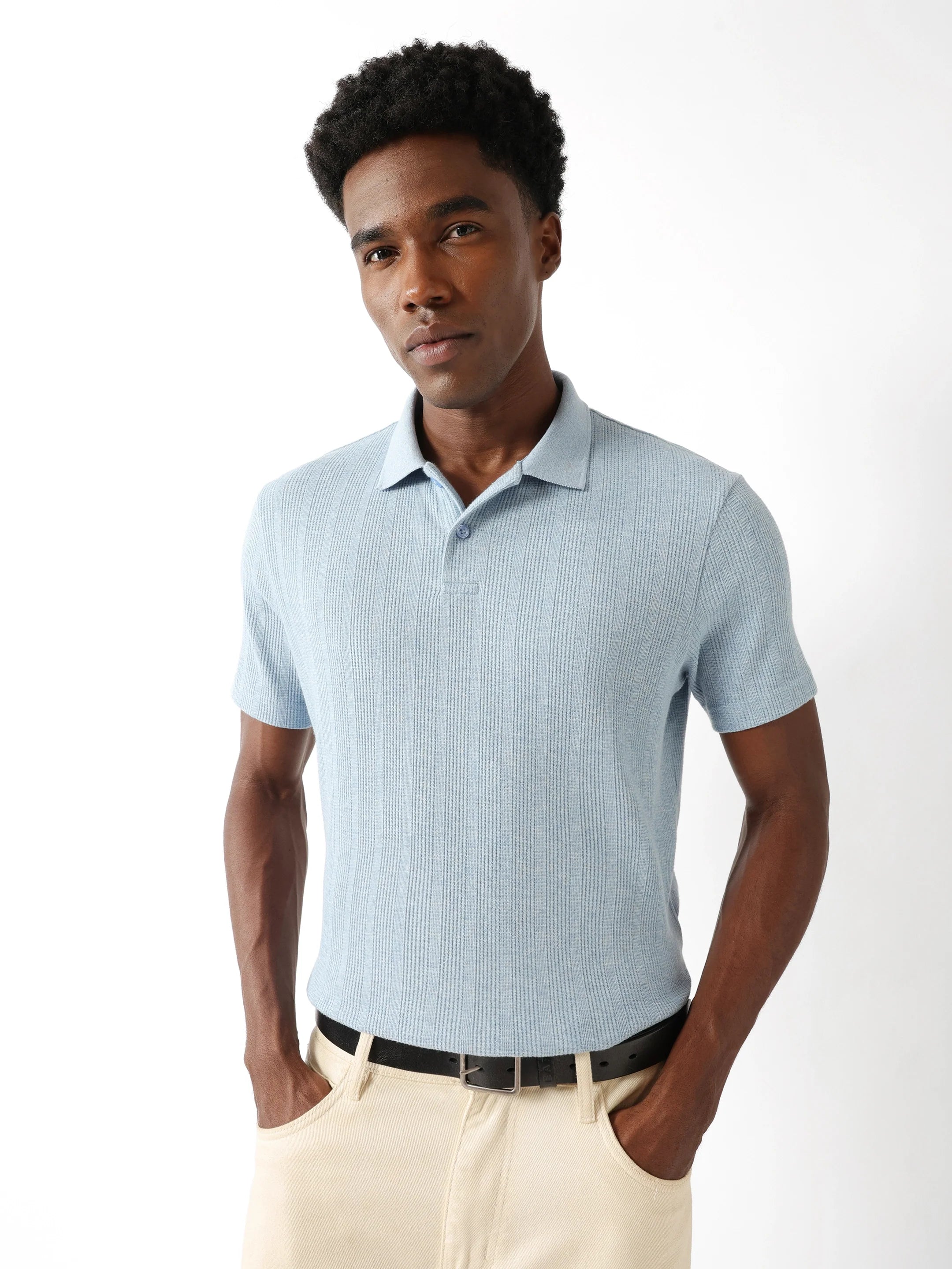 Men Blue Vertical Rib Polo
