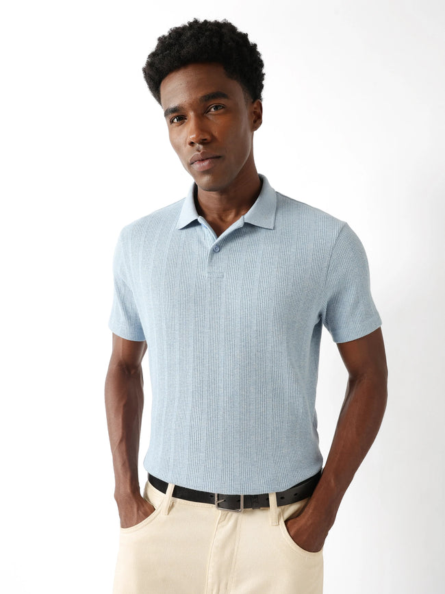 Men Blue Vertical Rib Polo