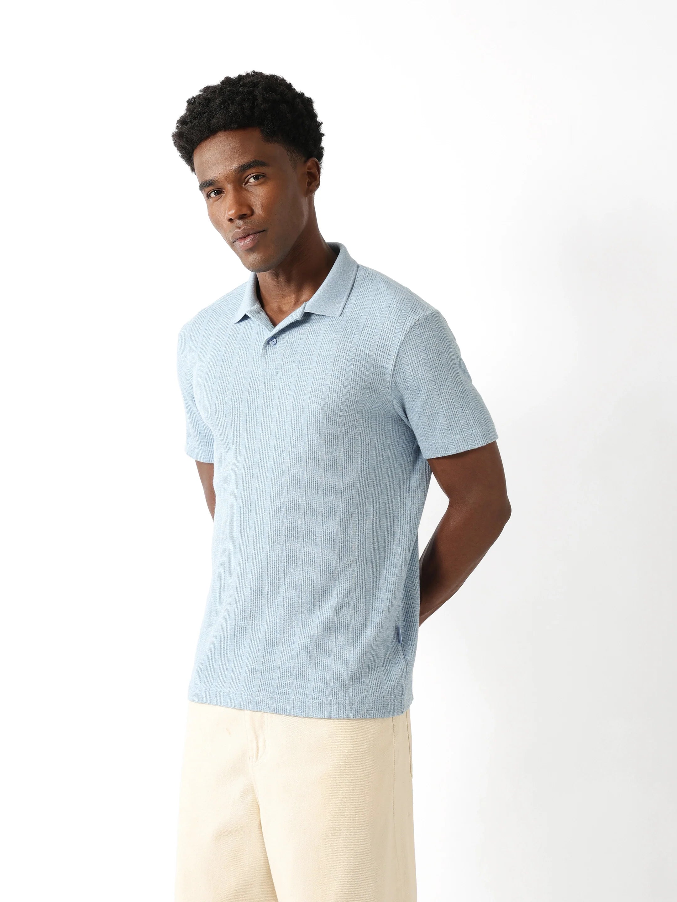 Men Blue Vertical Rib Polo