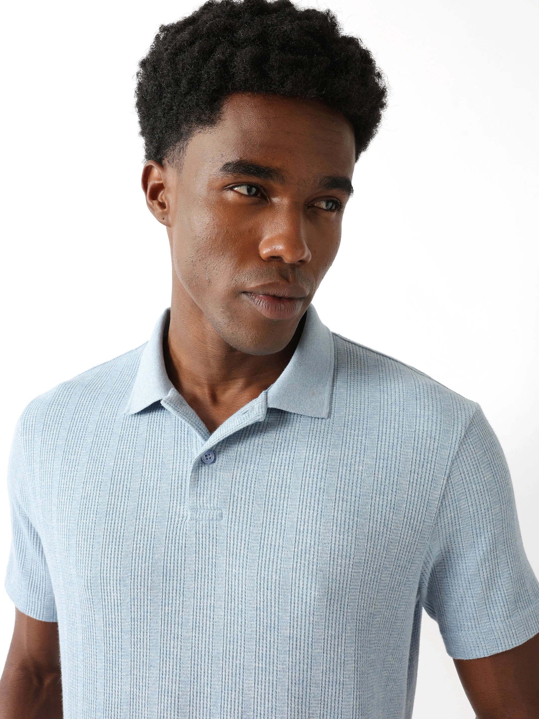 Men Blue Vertical Rib Polo