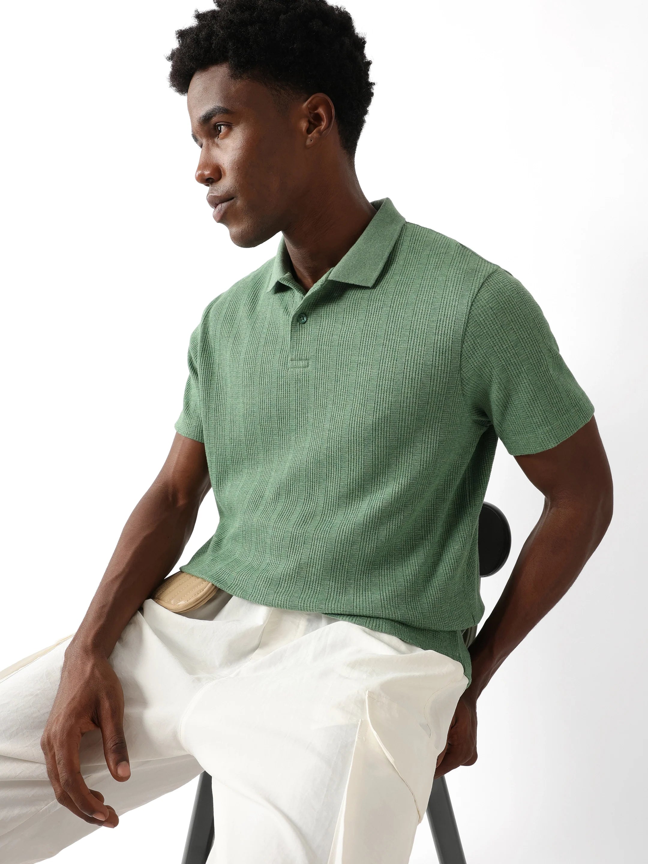 Men Green Vertical Rib Polo