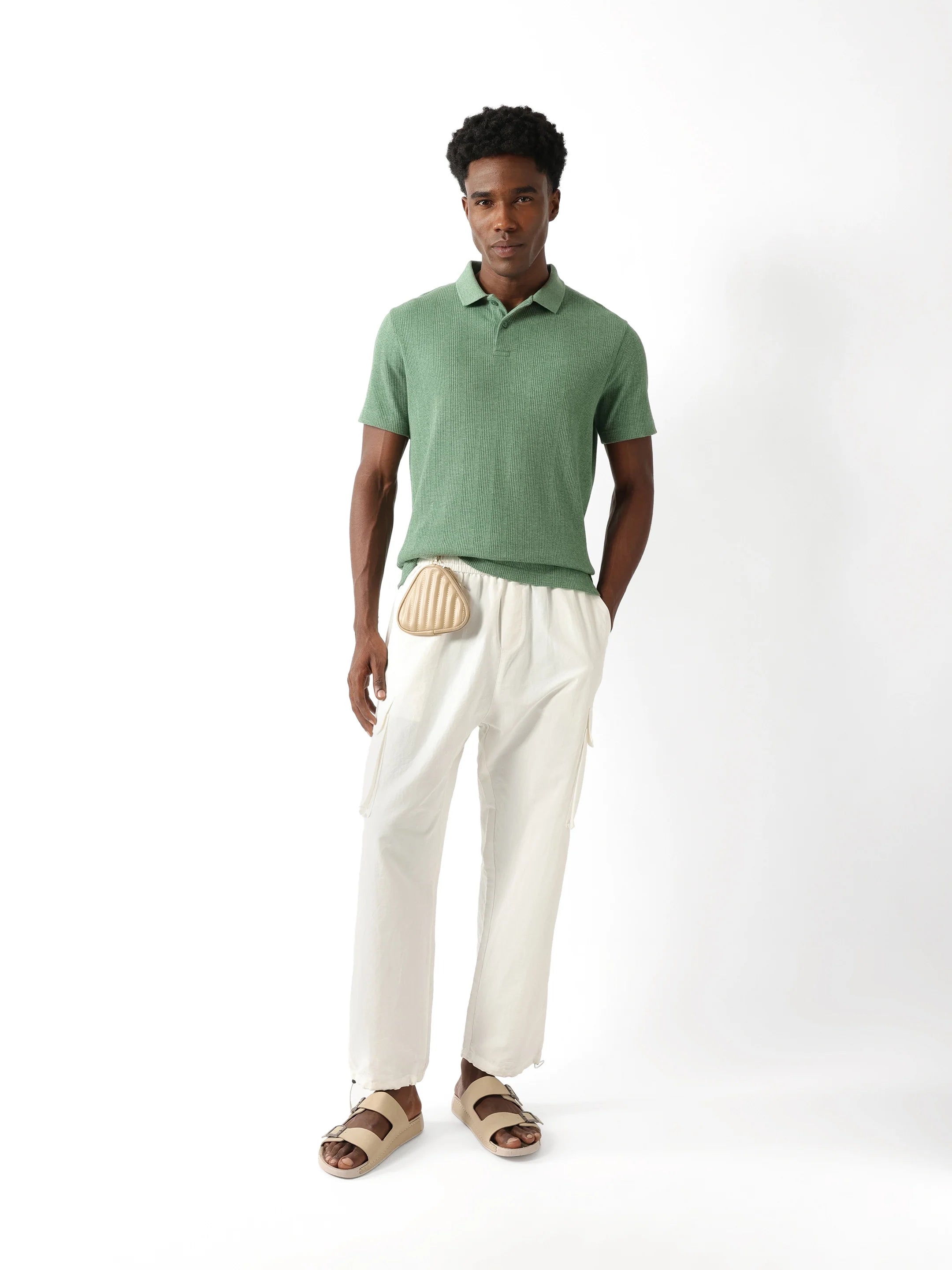 Men Green Vertical Rib Polo