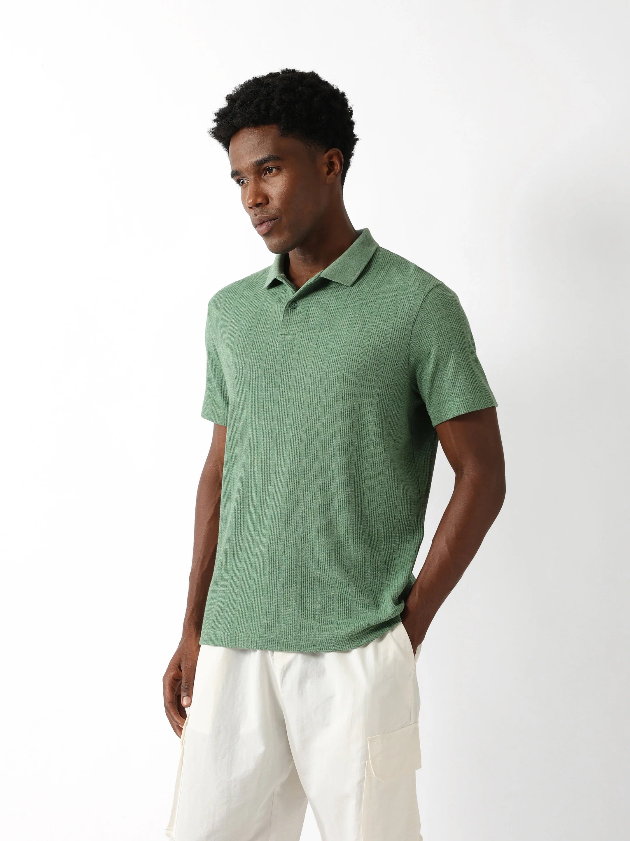 Men Green Vertical Rib Polo