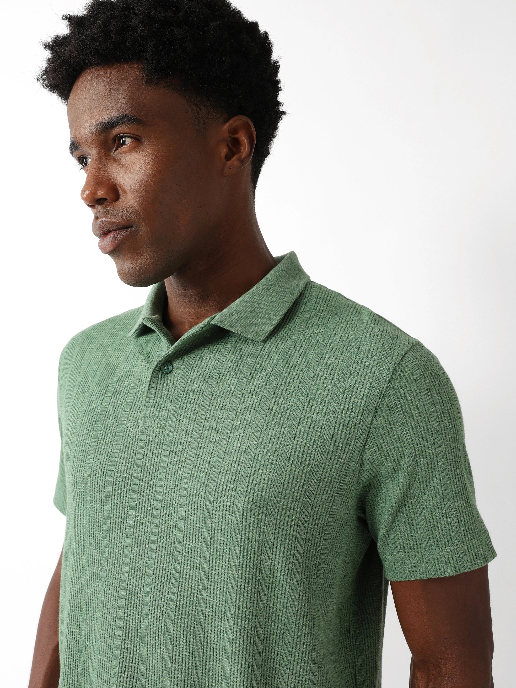 Men Green Vertical Rib Polo
