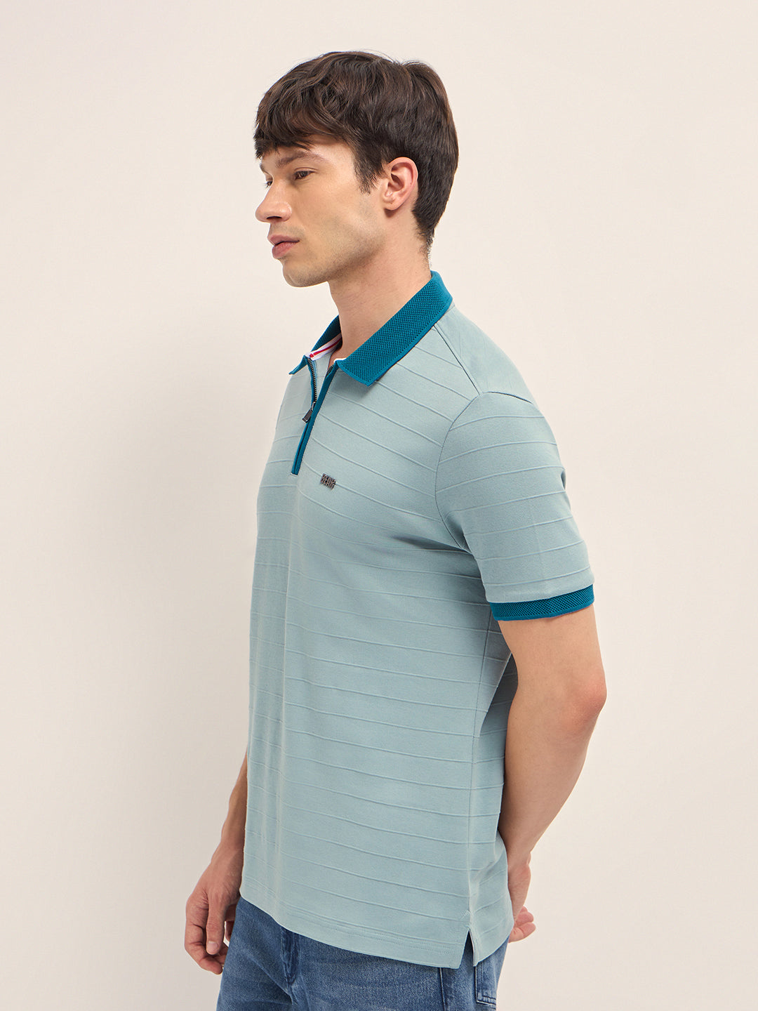 Men Cotton Knitted Striped Polo T-Shirt