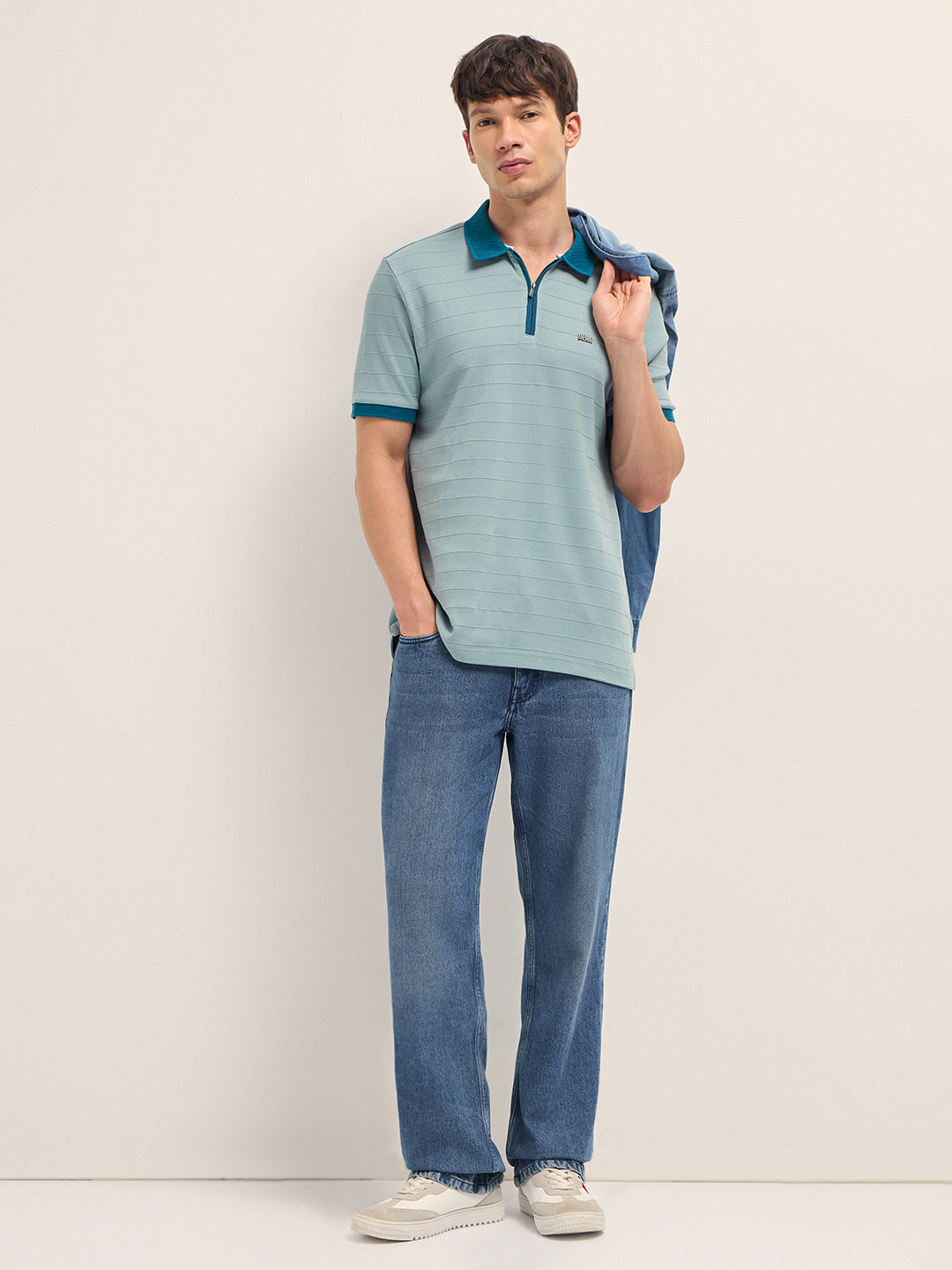Men Cotton Knitted Striped Polo T-Shirt