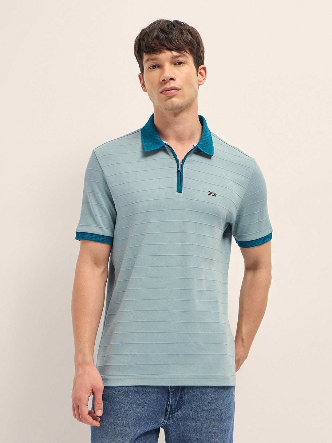 Men Cotton Knitted Striped Polo T-Shirt