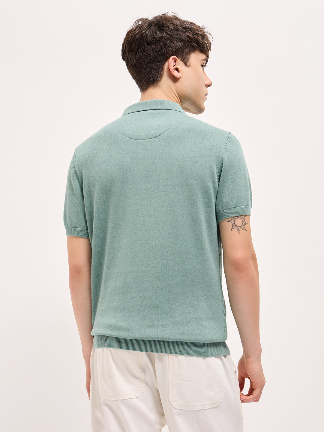 Men Teal Blue Textured Knit Regular Fit Polo T-shirt