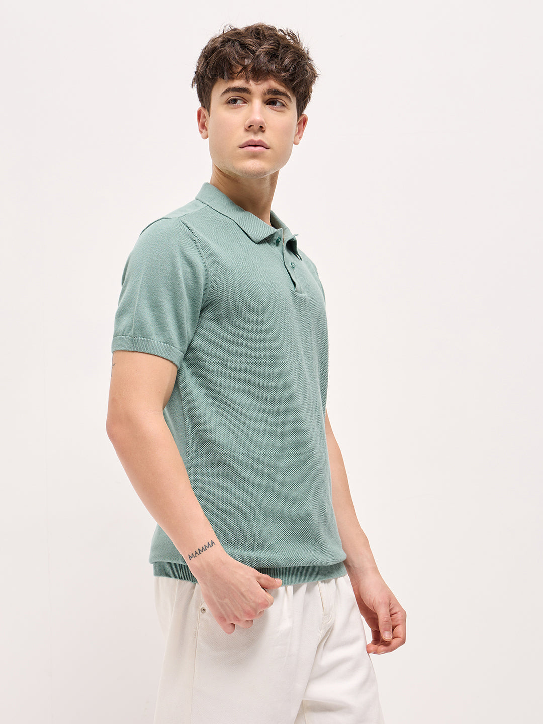 Men Teal Blue Textured Knit Regular Fit Polo T-shirt